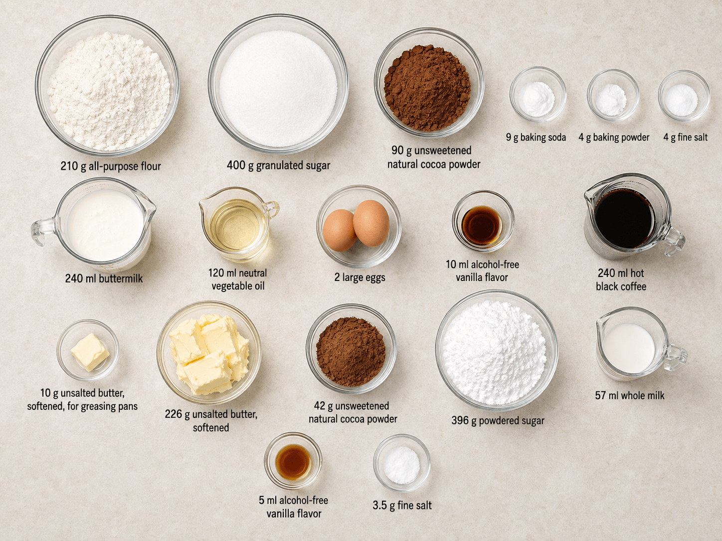 مكونات طريقة عمل كيك الشوكولاتة الأمريكي من الكاكاو والدقيق والقهوة والـbuttermilk ومكونات كريمة الشوكولاتة