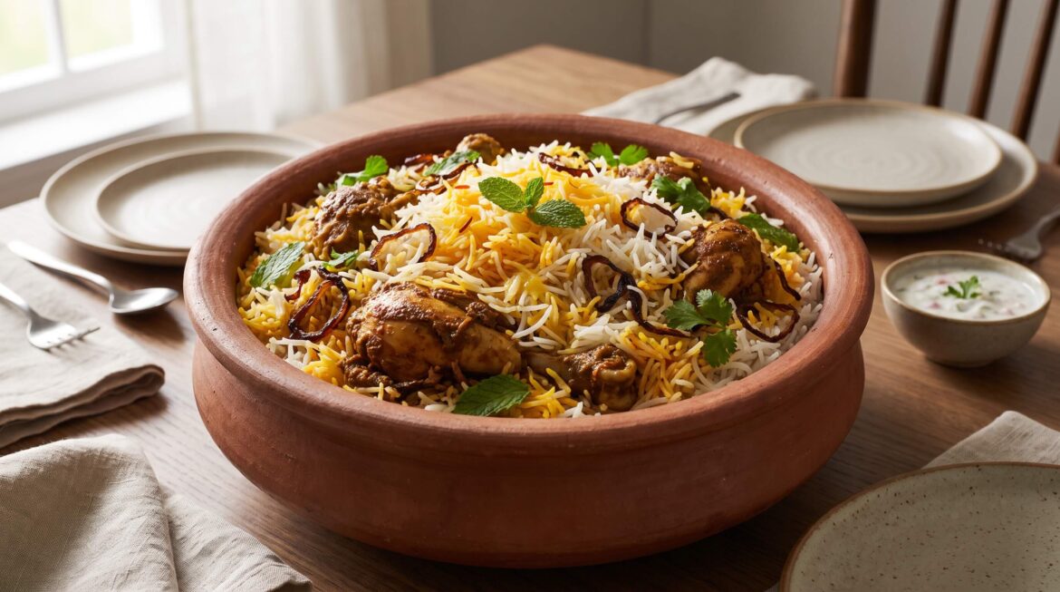 طريقة عمل برياني الدجاج بأرز بسمتي مفلفل ودجاج متبل