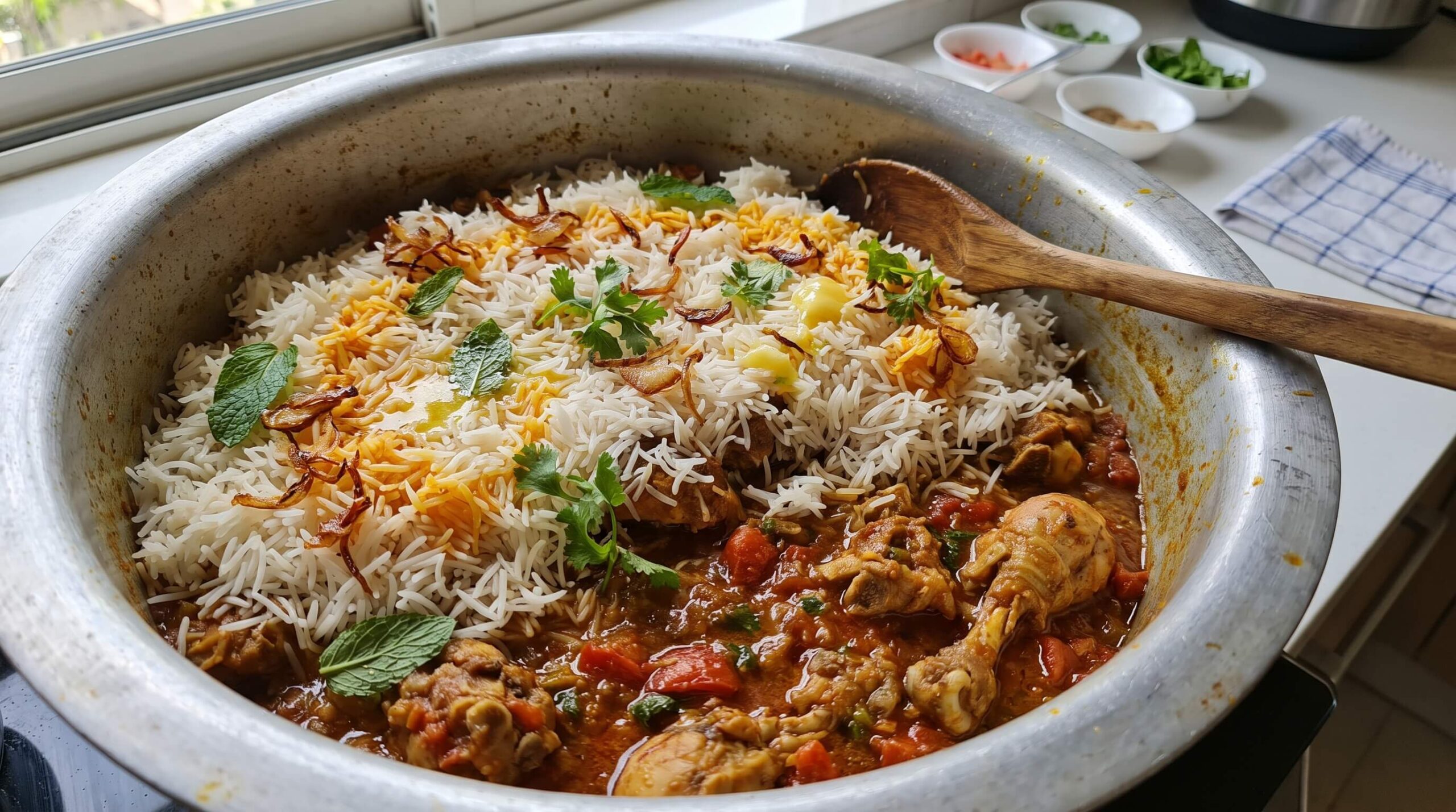 بناء طبقات برياني الدجاج فوق الماسالا قبل طهي الدَم