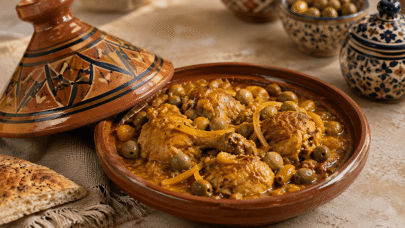 طاجين الدجاج المغربي بالزيتون والليمون المصير مع صوص البصل الكثيف.