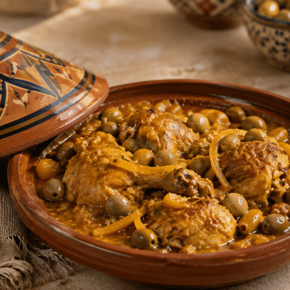 طاجين الدجاج المغربي بالزيتون والليمون المصير مع صوص البصل الكثيف.