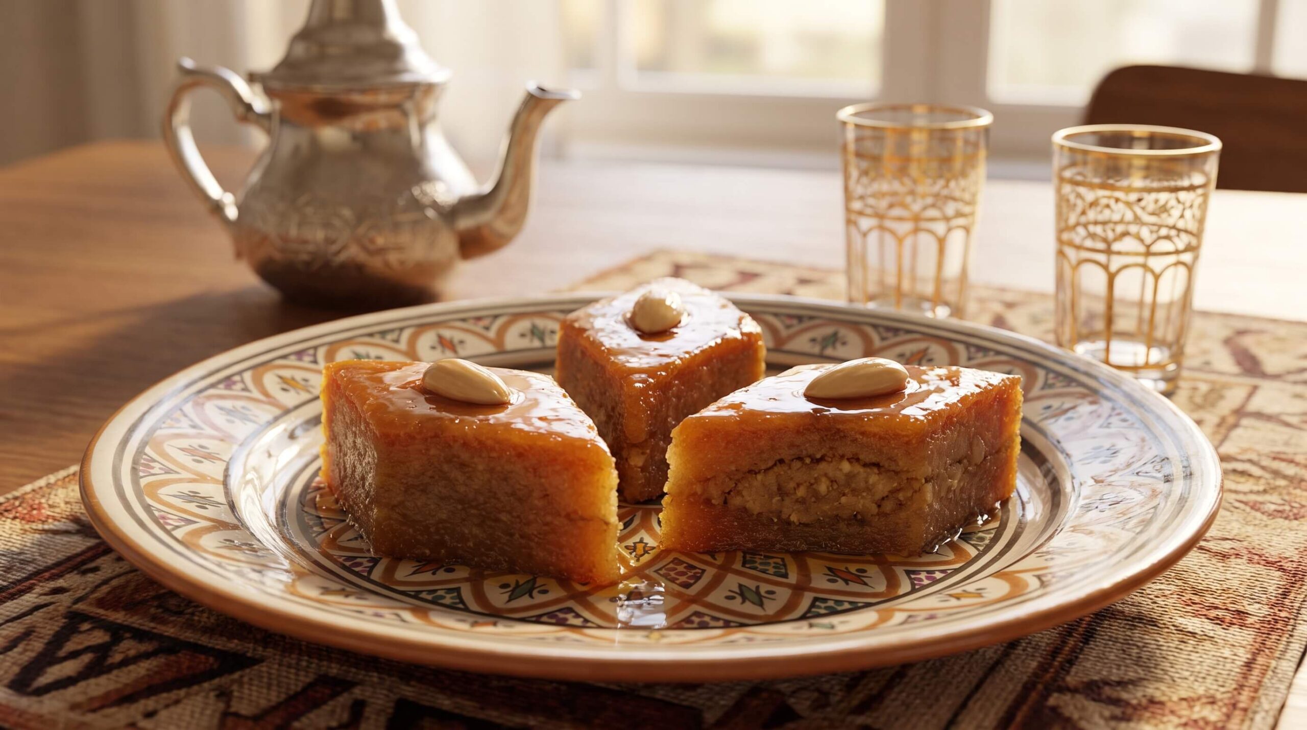 تقديم الهريسة الحلوة التونسية مع الشاي واللوز