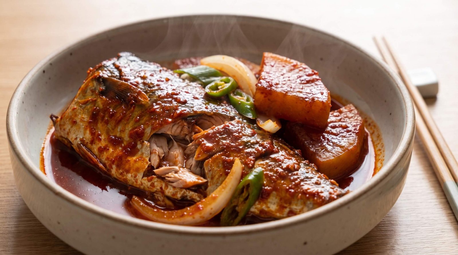 تقديم ماكريل كوري مطهو مع الفجل وصوص حار غني