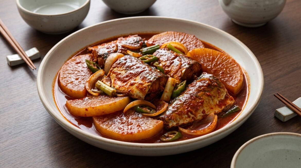 الماكريل الكوري الحار مع الفجل في صوص كوري أحمر غني