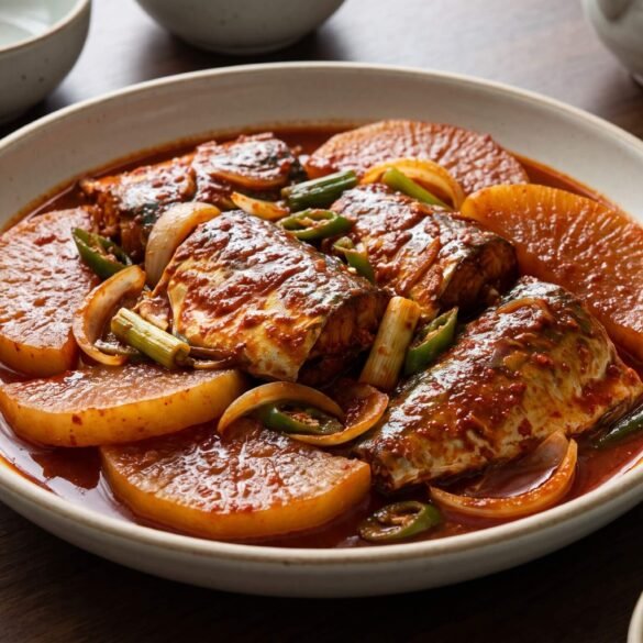 الماكريل الكوري الحار مع الفجل في صوص كوري أحمر غني