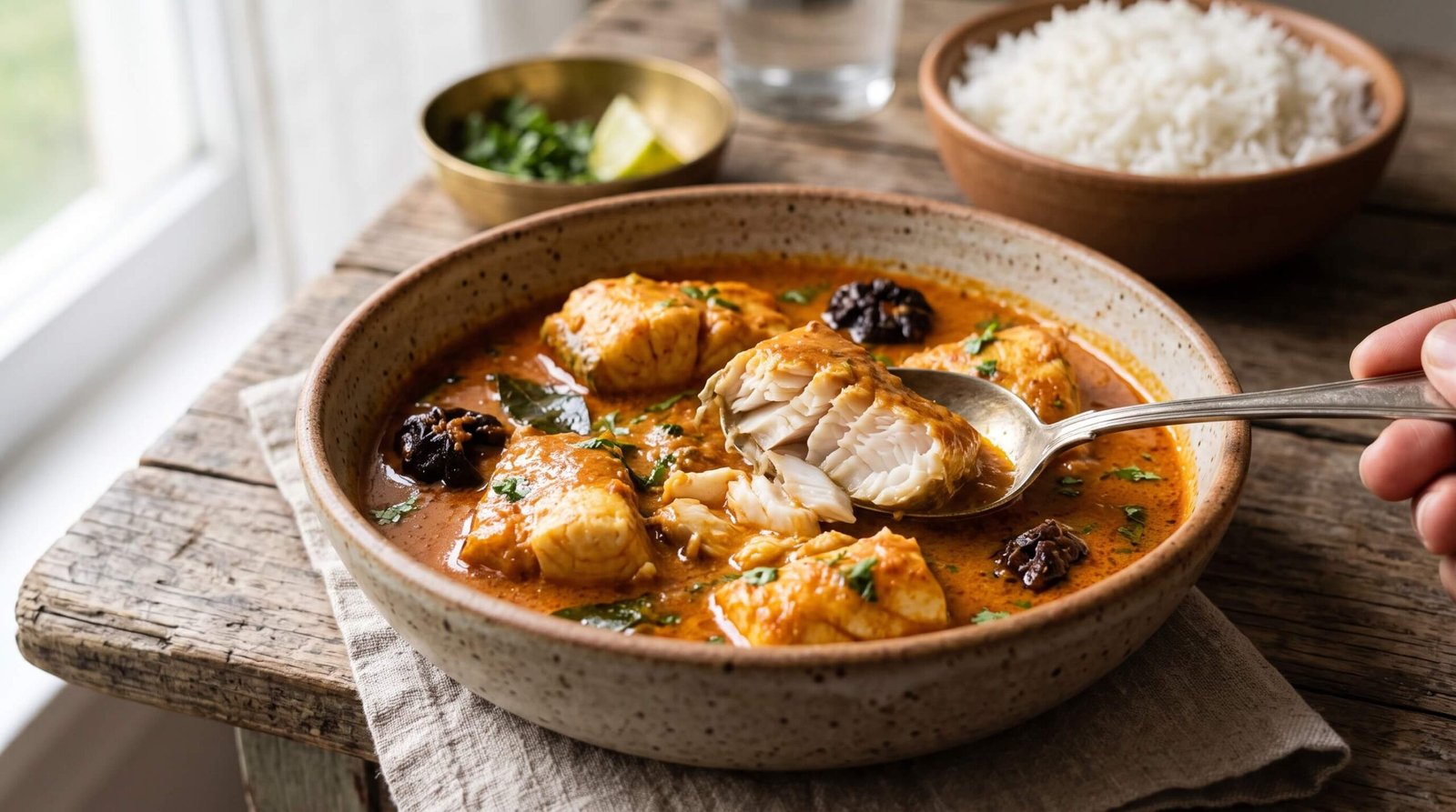 كاري سمك جواني بصوص جوز الهند والكوكوم مع قطع سمك بيضاء طرية وأرز