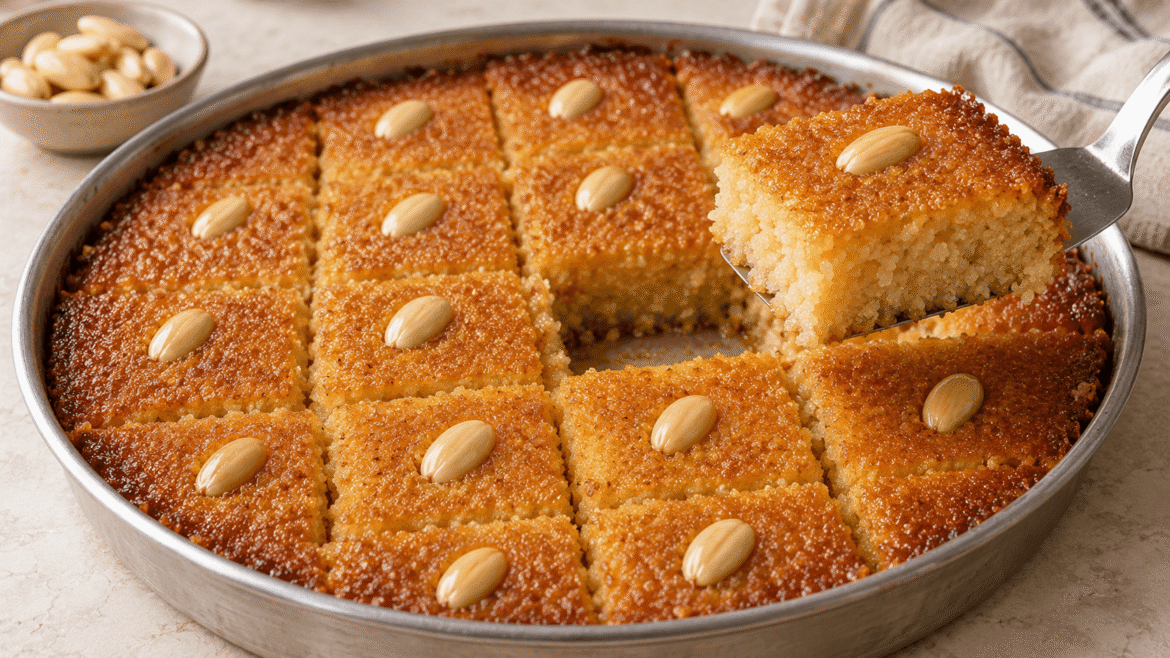 البسبوسة المرملة المصرية بوجه ذهبي وحبات لوز