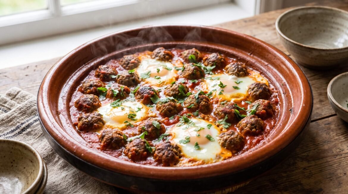 طاجين الكفتة المغربي بالبيض بكرات لحم صغيرة وصلصة طماطم غنية وبيض مطهو فوقها