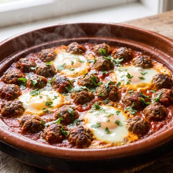 طاجين الكفتة المغربي بالبيض بكرات لحم صغيرة وصلصة طماطم غنية وبيض مطهو فوقها