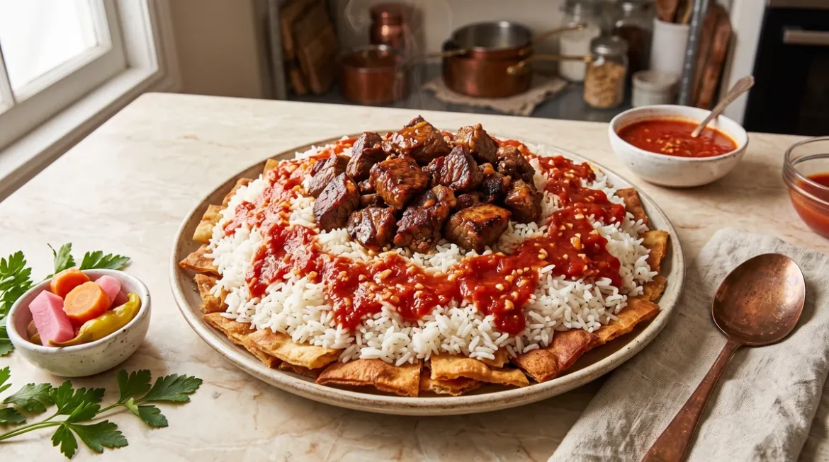 الفتة المصرية باللحمة بطبقة عيش مقلي وأرز أبيض وصلصة خل وتوم ولحمة محمرة